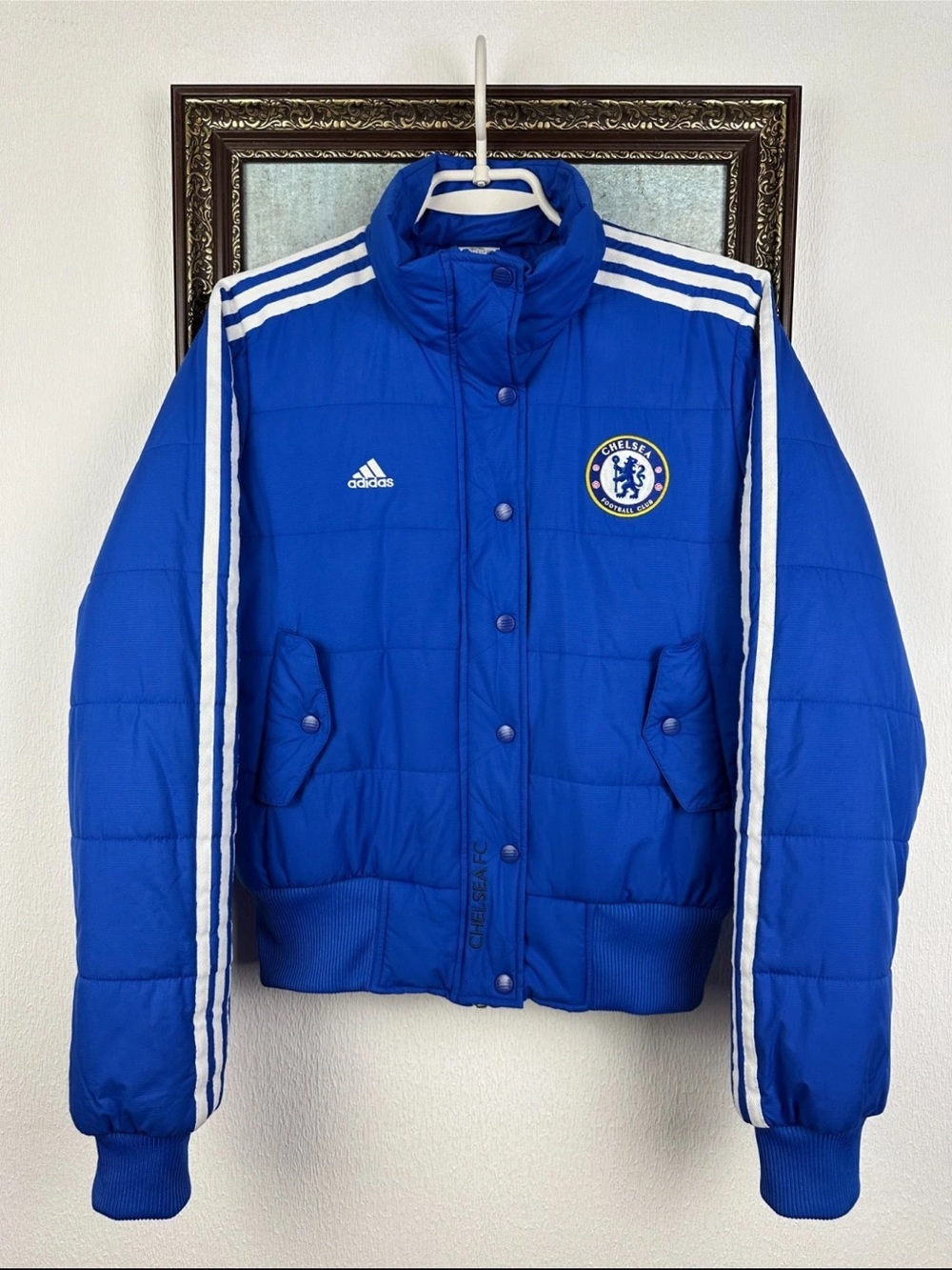 adidas Chelsea Puffer Jacket in Bright Blue with White Stripes